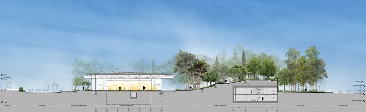 a drawing of a building with trees in the background