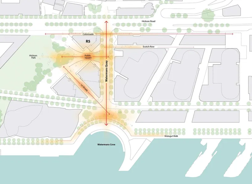 A black and white map of a city with buildings and trees