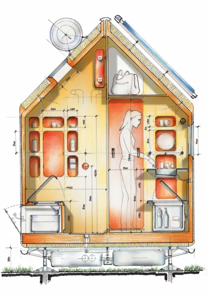 a floor plan of a house with a woman laying on a bed