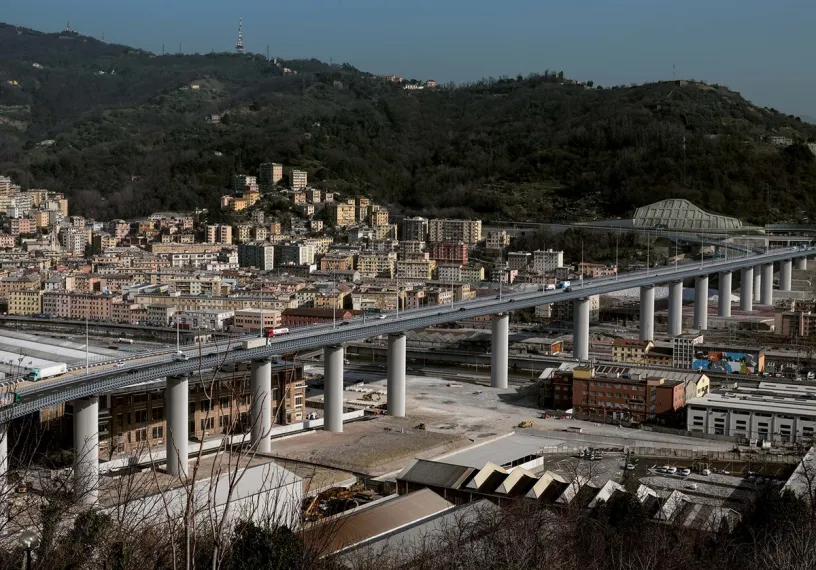 An aerial view of a bridge over a city
