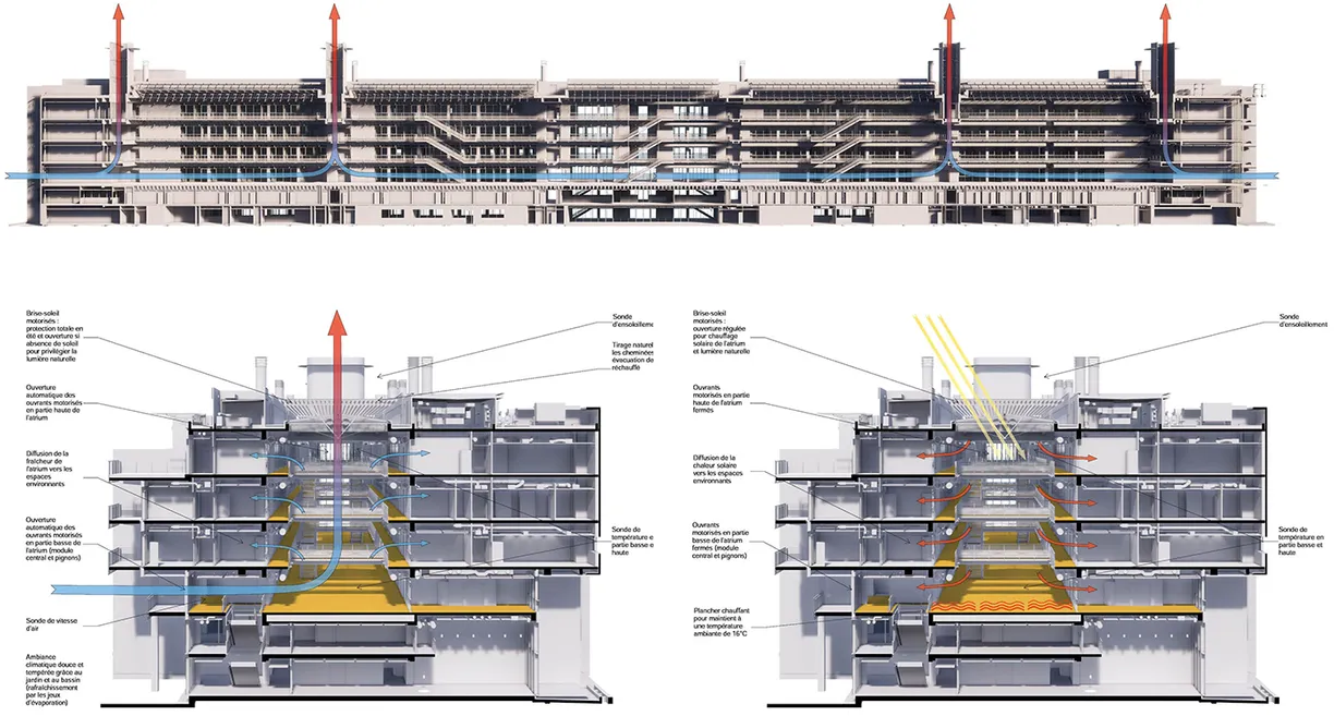 A drawing of a large building with a lot of windows and arrows pointing in different directions