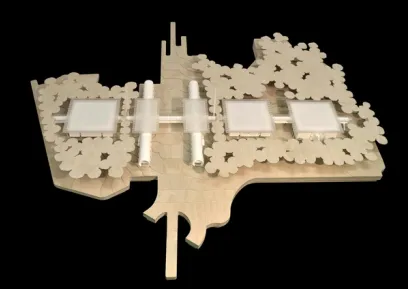 A model of a building with a lot of squares and trees on a black background