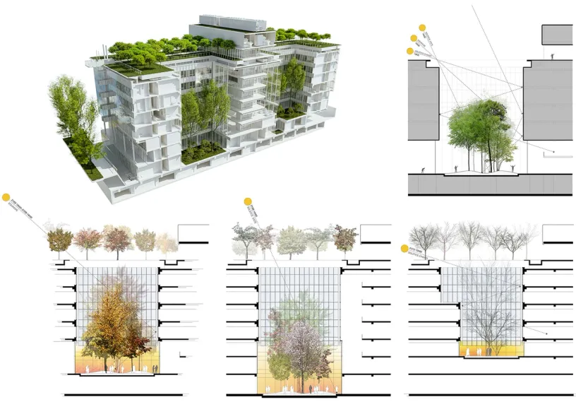 A building with a green roof and trees on it