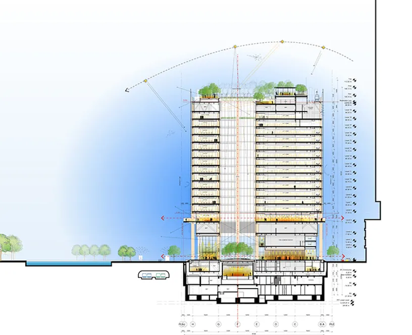 a drawing of a building being built next to a body of water .