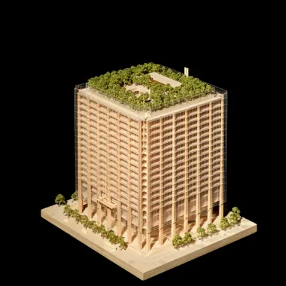 a model of a tall building with trees on the roof
