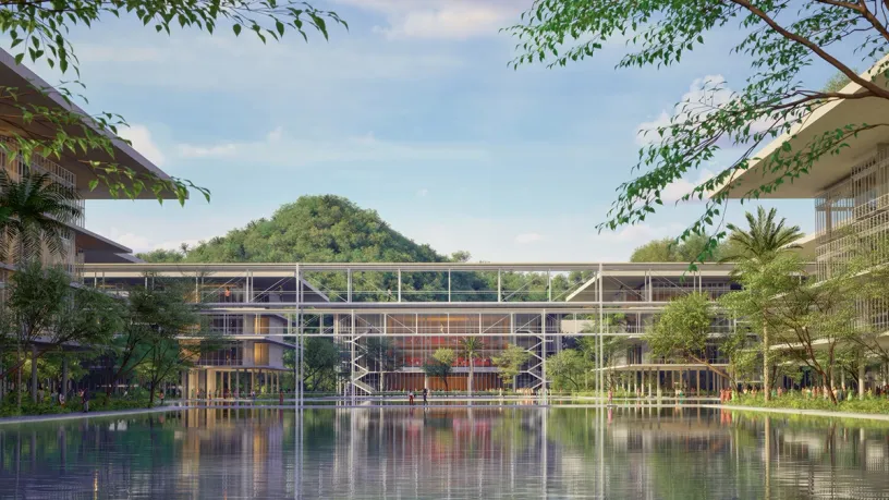 an artist 's impression of a large building with a pond in the middle of it .
