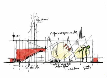 a drawing of a building with a lot of writing on it .