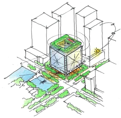 a drawing of a building with a green roof