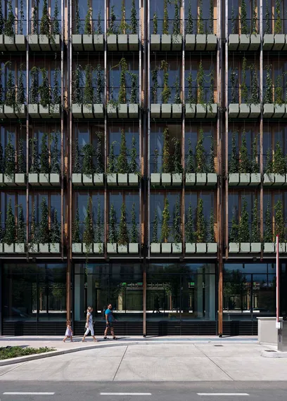 a building with green shutters and trees in front of it