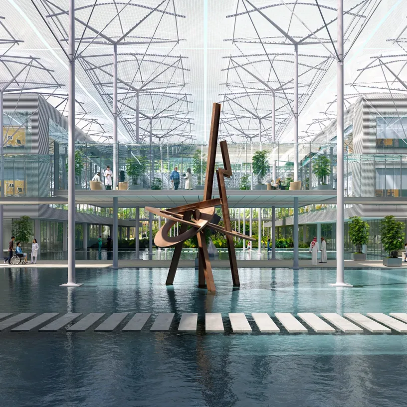 an artist 's impression of a large building with a sculpture in the middle of it .