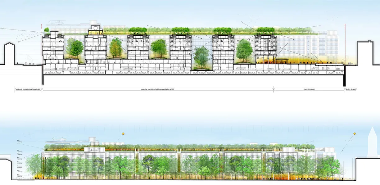 A couple of drawings of a building with trees on the roof