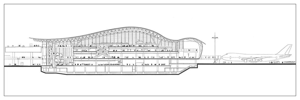 A black and white drawing of a building with an airplane parked in front of it