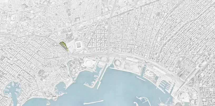 a drawing of a park with trees and a building in the middle of it .