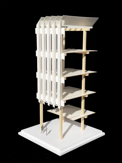 Architectural model of a multi-story building with a white louvred facade and exposed wood structure.
