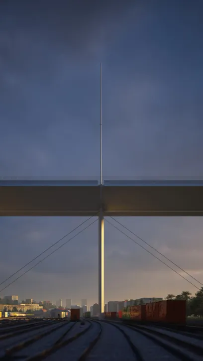 an artist 's impression of a bridge over train tracks