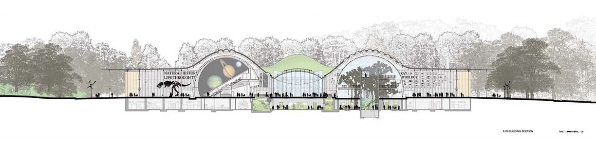 a drawing of a building with trees in the background .