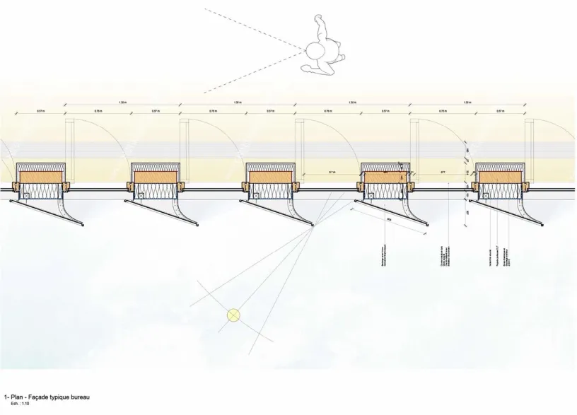Architectural plan of a typical office facade, showing repetitive sections with dimensions, a person, and sun study lines.