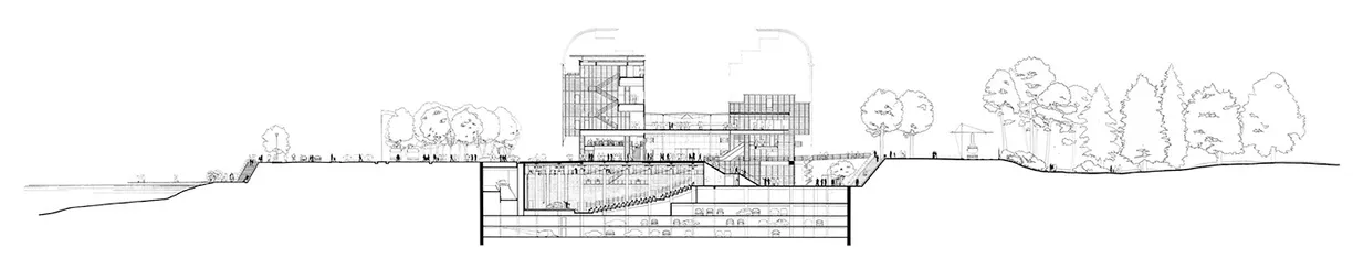 A black and white drawing of a building with trees in the background