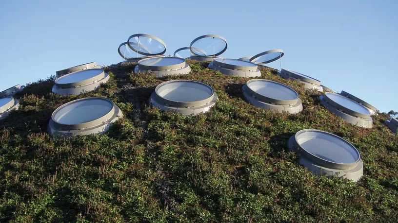a green roof with a lot of round windows on it .