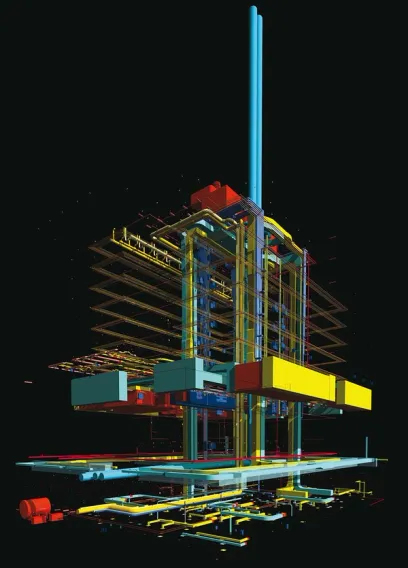 a computer generated image of a building with lots of pipes