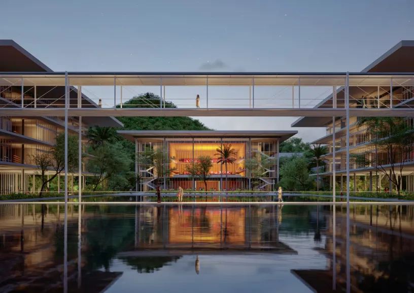 an artist 's impression of a large building with a bridge over a body of water .