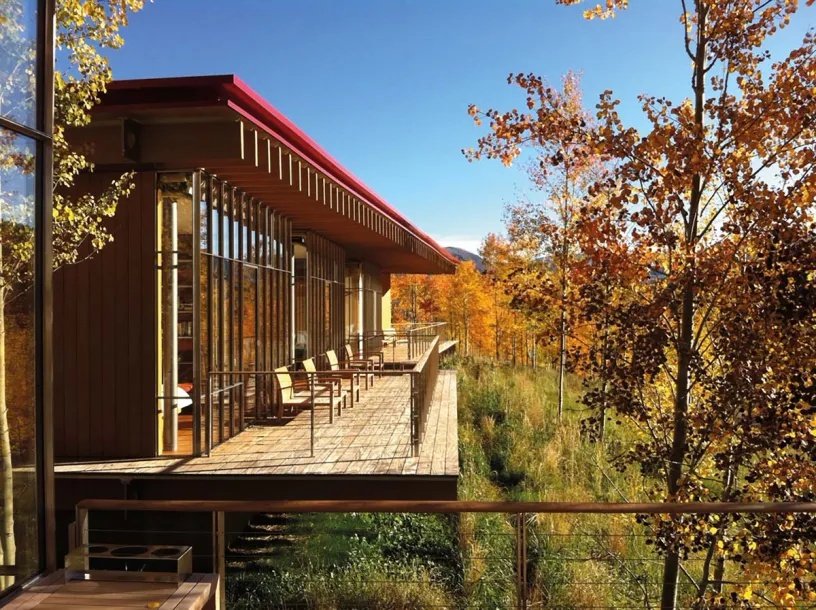 A modern house with a large deck surrounded by trees