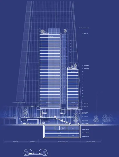 a drawing of a building with a lot of windows and people on it .