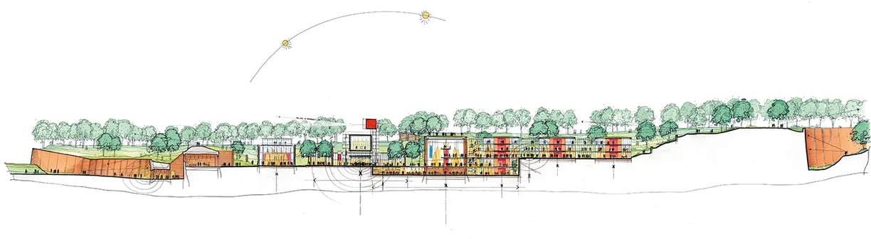 A drawing of a park with trees and buildings on a white background