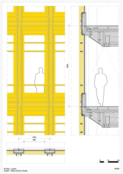 A drawing of a building with a man standing in front of it