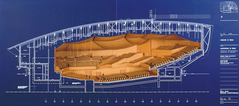 A blueprint of a large auditorium with wooden seats