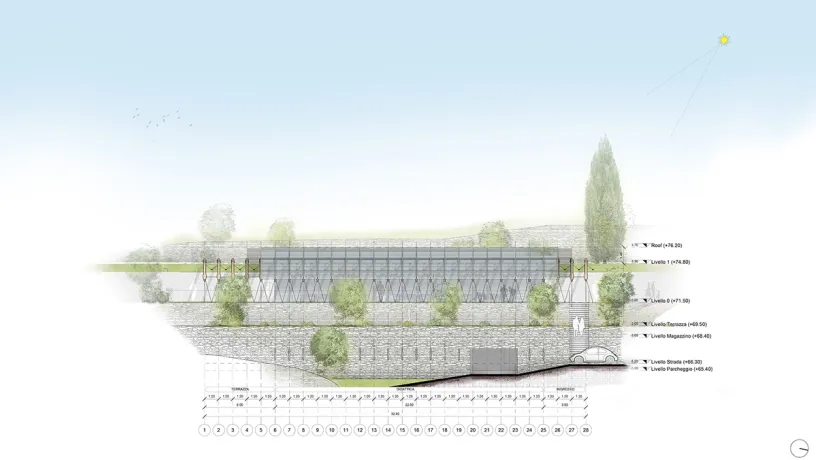 a drawing of a building with trees and a blue sky in the background .