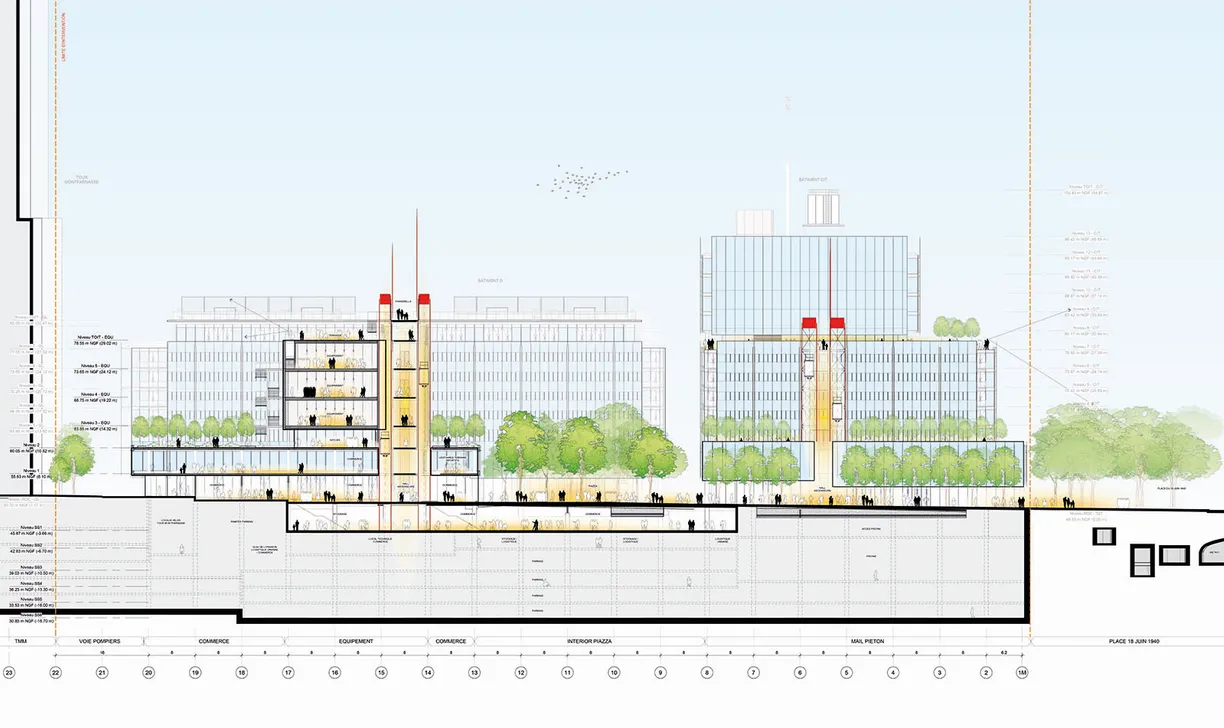 Architectural model of a city district with light wood buildings, green trees, and an elevated track, centered around a long, slatted wooden building.