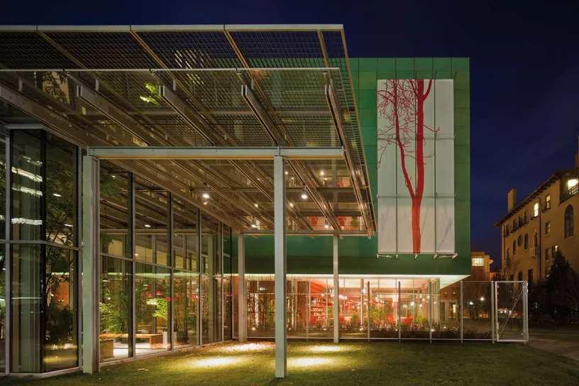 A large green building with a tree on the side of it at night