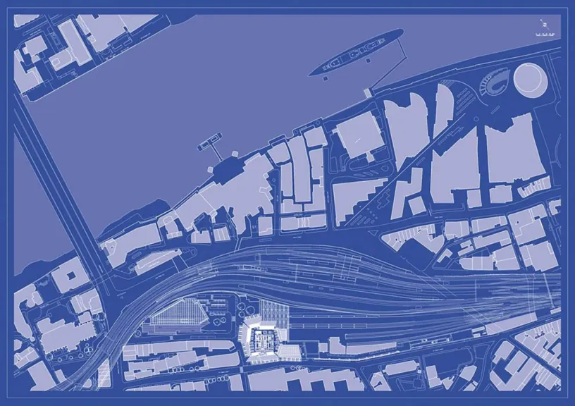 A blueprint of a city with a lot of buildings and a river