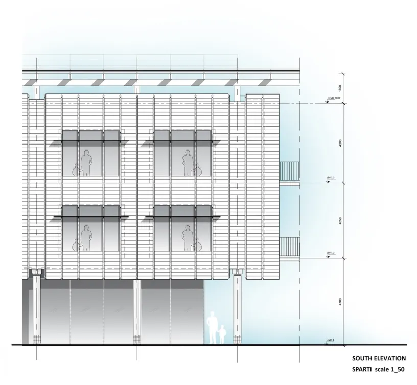 a drawing of the south elevation of a building with a lot of windows .