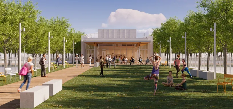 A modern park rendering showing people walking, doing yoga, and relaxing by a building.