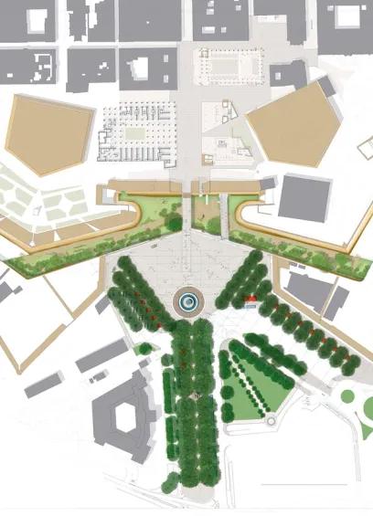 An aerial view of a city with a fountain in the middle