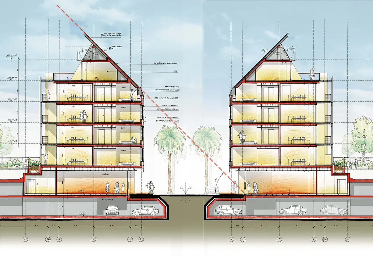A drawing of a building cut in half showing the inside of the building