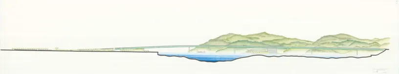 Watercolor cross-section showing a landscape with a bridge over water, a flat coastline, and green mountains.
