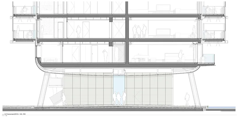 A black and white drawing of a building with a lot of windows