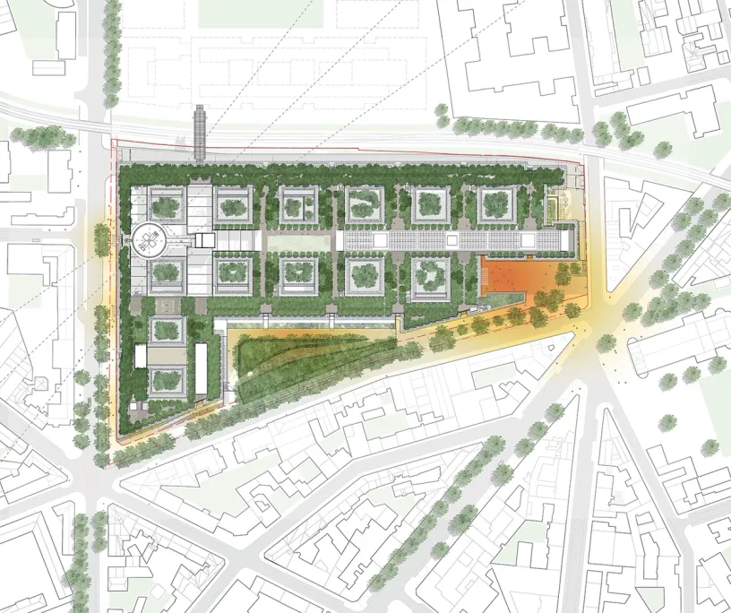 Architectural plan of a large urban development featuring multiple green courtyards, buildings, and tree-lined pathways, surrounded by existing city blocks, with some areas highlighted in orange.