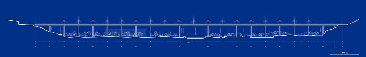 A blueprint of a bridge on a blue background
