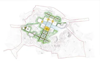 A drawing of a city with a lot of buildings on a white background