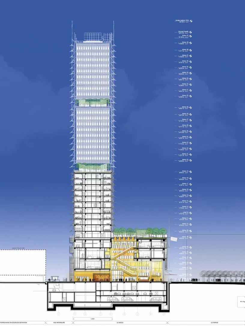 A drawing of a building with a blue sky in the background