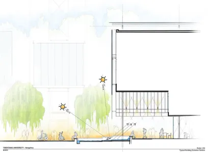 Architectural section drawing of a building entrance, illustrating sunlight reflecting off a water feature into the interior, with trees and people, in a sketch and watercolor style.