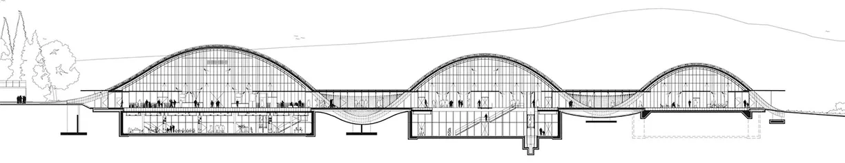 A black and white drawing of a building with arches