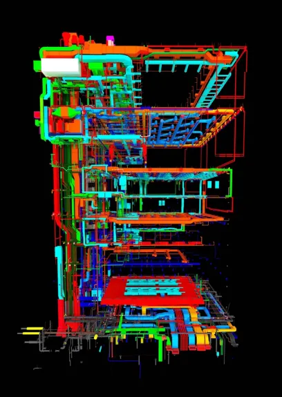 a 3d model of a building with lots of pipes and wires