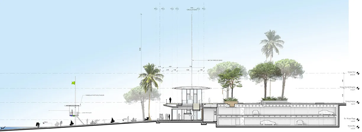 A drawing of a building with trees on top of it