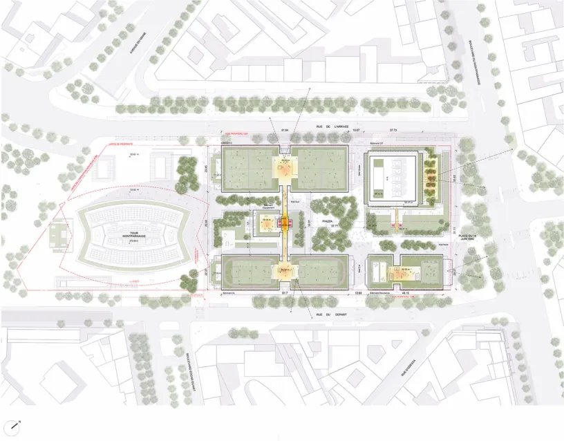 Architectural site plan of a sports complex featuring a large stadium, multiple sports courts, running tracks, and landscaped park areas within an urban setting.