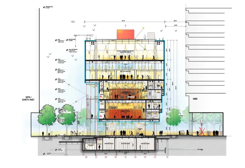 a black and white drawing of a building with a lot of windows and people .
